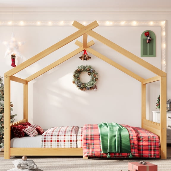 Queen House Floor Bed, Solid Wood House Bed Frame with Support Slats, Low Profile Design No Box Spring Needed,Natural