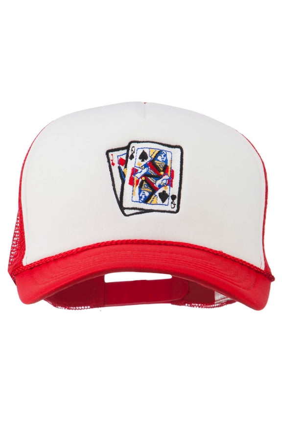 Queen Jack Card Embroidered Foam Mesh Cap - Red White OSFM