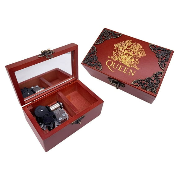 Queen Jewelry Music Box with Mirror & Retro Lock Carved Wood Musical Box Wind up Gift Box Play Bohemian Rhapsody,Silver Movement
