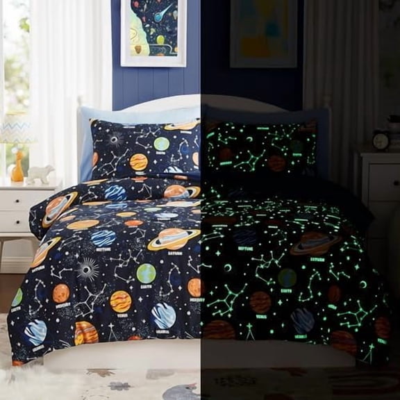 Queen Kids Comforter Set - 7 Pieces Queen Bedding Sets for Boys, Glow in The Dark Space Bed in A Bag with Sheets