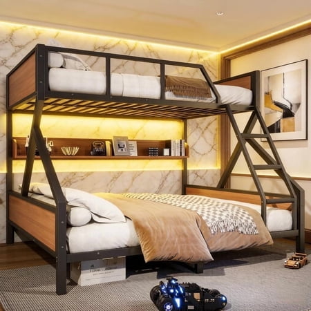 Queen Over King Bunk Bed, Metal Bunk Beds with Storage & LED Lights, Heavy-Duty Bunkbed Frame with Ladder & Guardrails for Teens Adults, No Box Spring Needed and Noise-free Design, Black