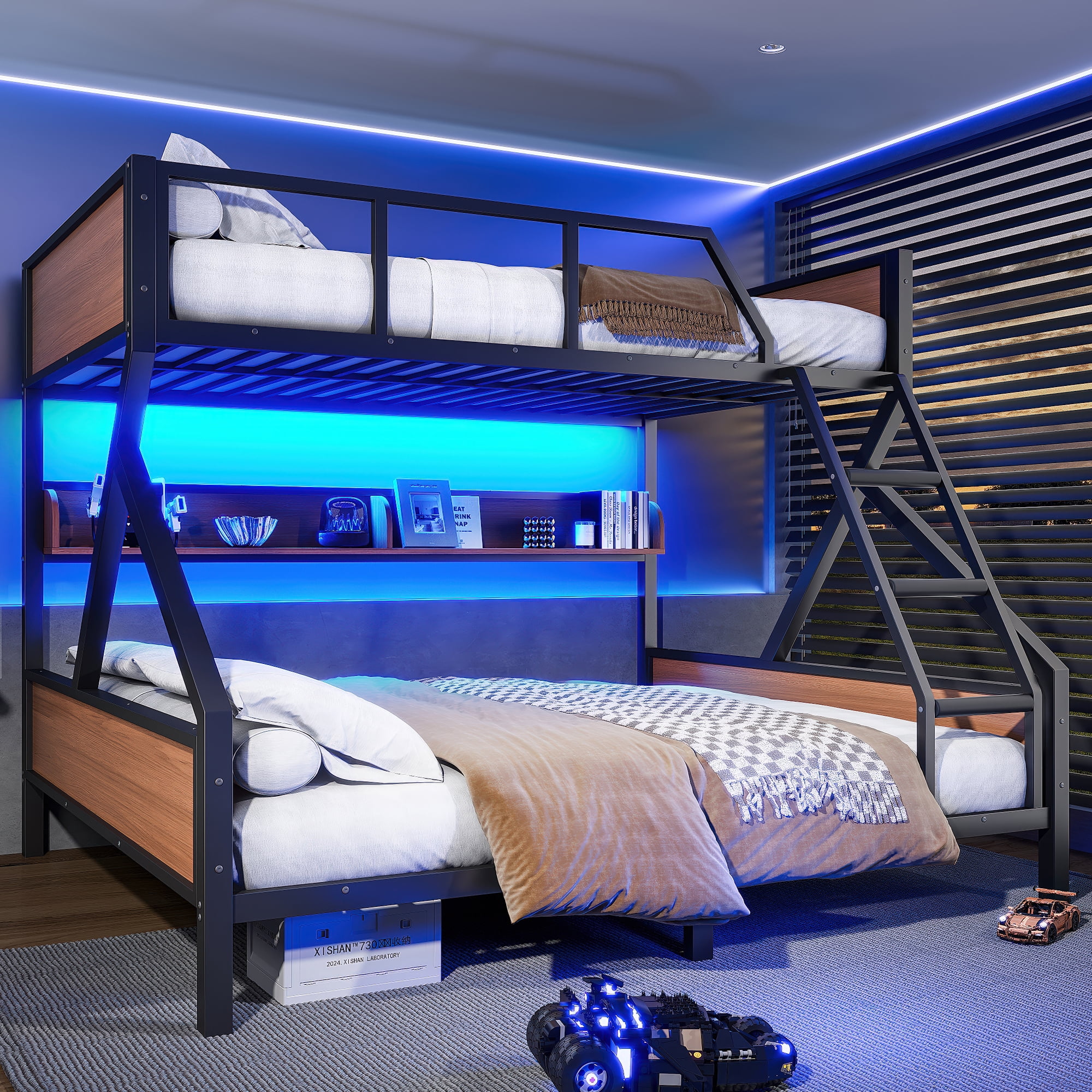Queen over King Bunk Bed with Storage Shelves and LED Lights, Multifunctoinal Bunk Bed Frame with Ladder and Guardrails, Space-saving & Noise-free Design