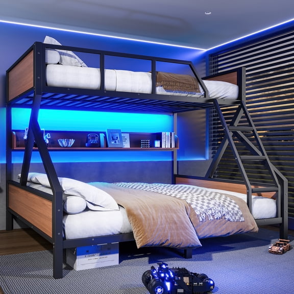 Queen over King Bunk Bed with Storage Shelves and LED Lights, Multifunctoinal Bunk Bed Frame with Ladder and Guardrails, Space-saving & Noise-free Design
