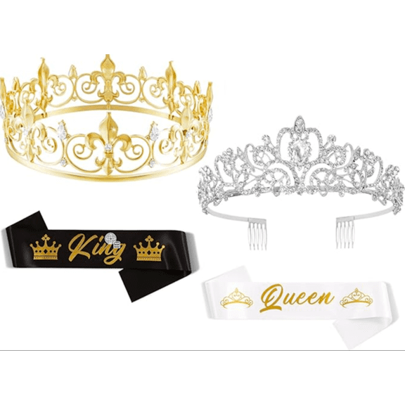 Queen & King Crown and Sash Set for Adults Hair Accessories for Costume Prom Party