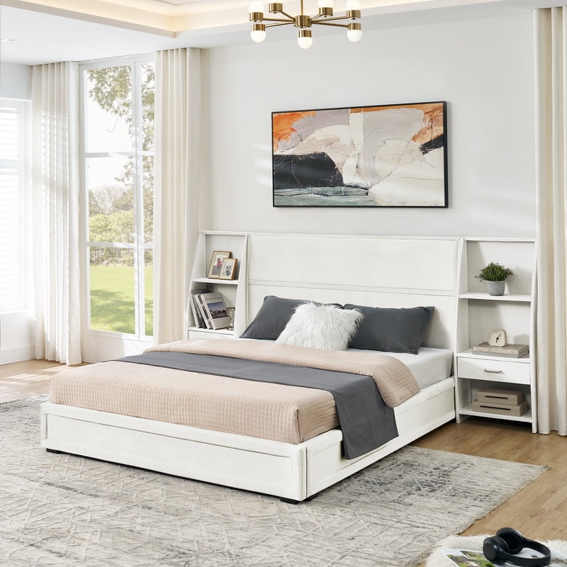 Queen/King Size Modern Upholstered Platform Bed Frame, Velvet Storage Bed with Headboard, Side Bookcases & Drawers Nightstand