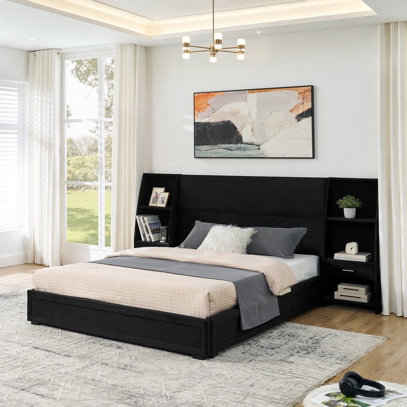 Queen/King Size Modern Upholstered Platform Bed Frame, Velvet Storage Bed with Headboard, Side Bookcases & Drawers Nightstand