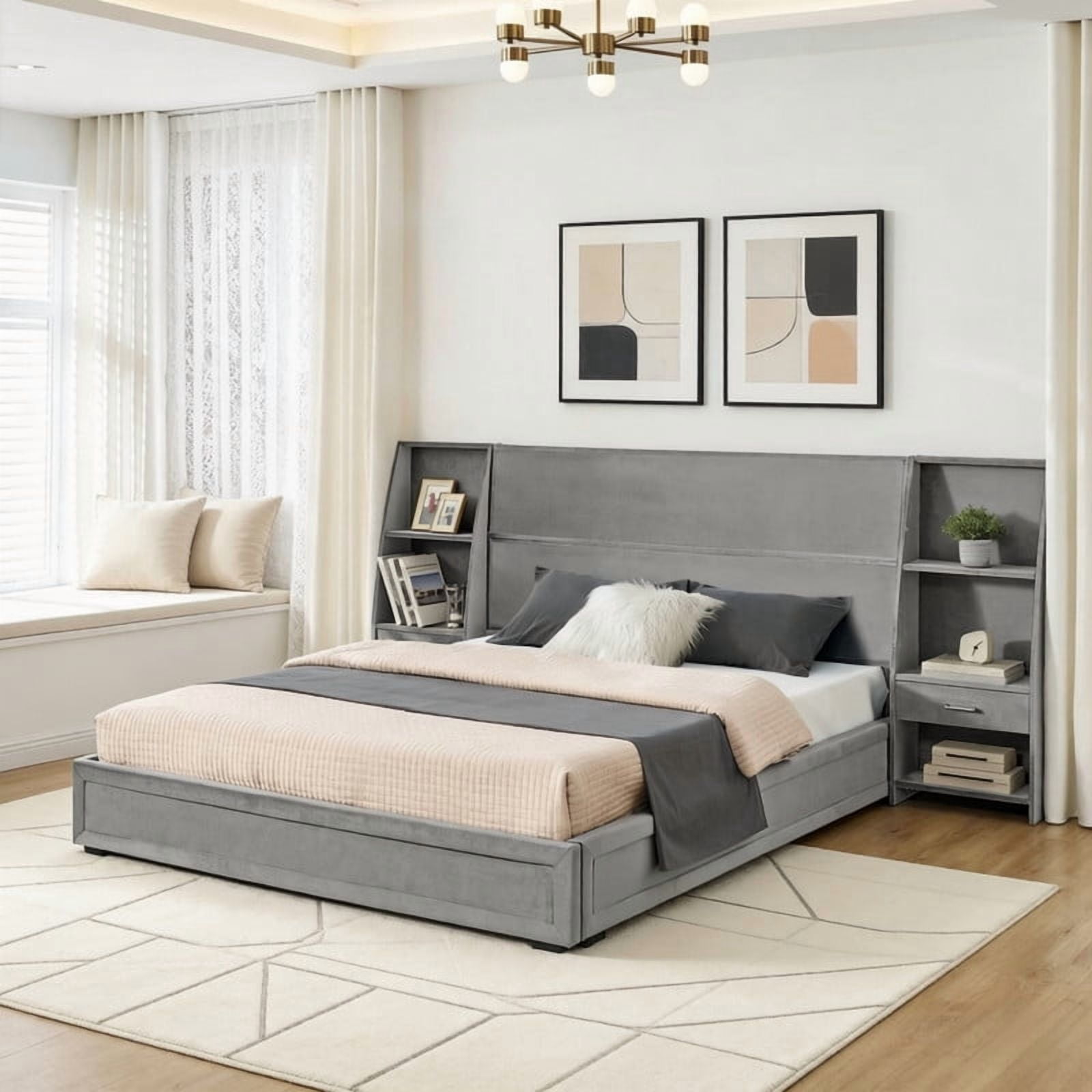 Queen/King Size Modern Upholstered Platform Bed Frame, Velvet Storage Bed with Headboard, Side Bookcases & Drawers Nightstand