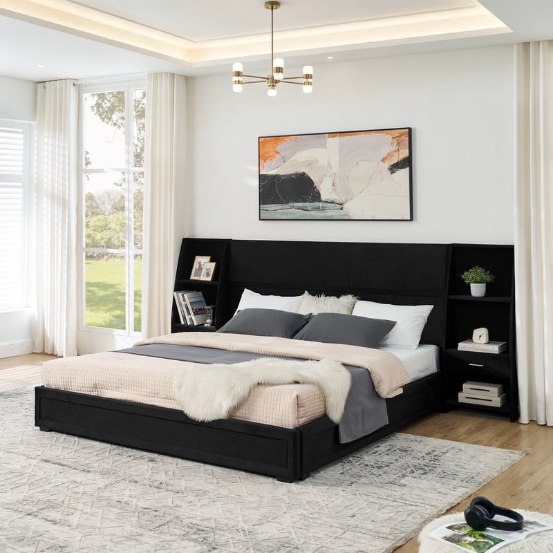 Queen/King Size Modern Upholstered Platform Bed Frame, Velvet Storage Bed with Headboard, Side Bookcases & Drawers Nightstand
