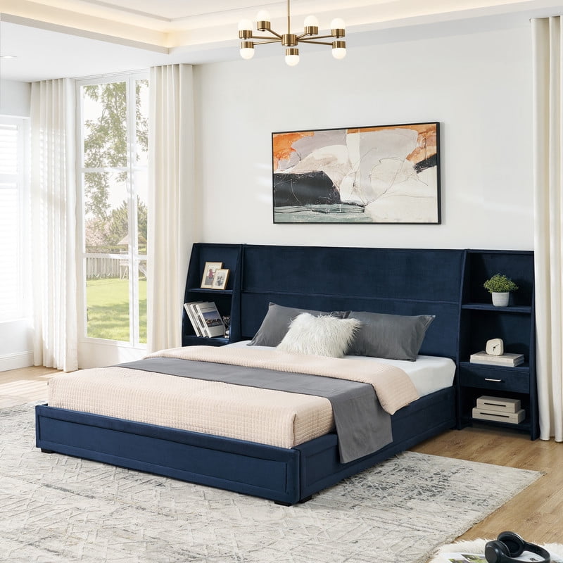 Queen/King Size Modern Upholstered Platform Bed Frame, Velvet Storage Bed with Headboard, Side Bookcases & Drawers Nightstand