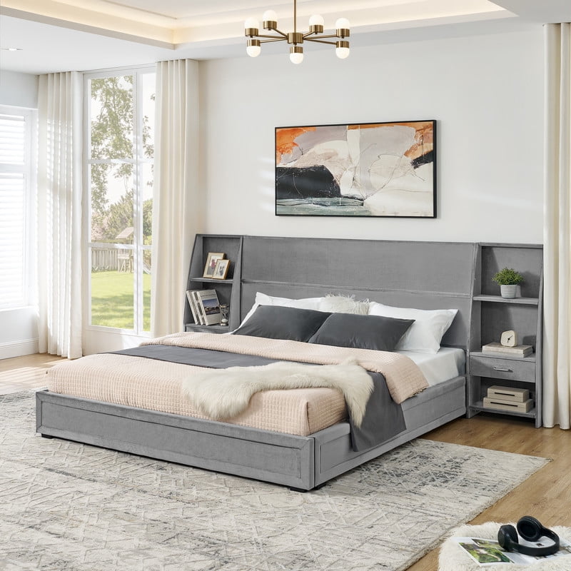 Queen/King Size Modern Upholstered Platform Bed Frame, Velvet Storage Bed with Headboard, Side Bookcases & Drawers Nightstand