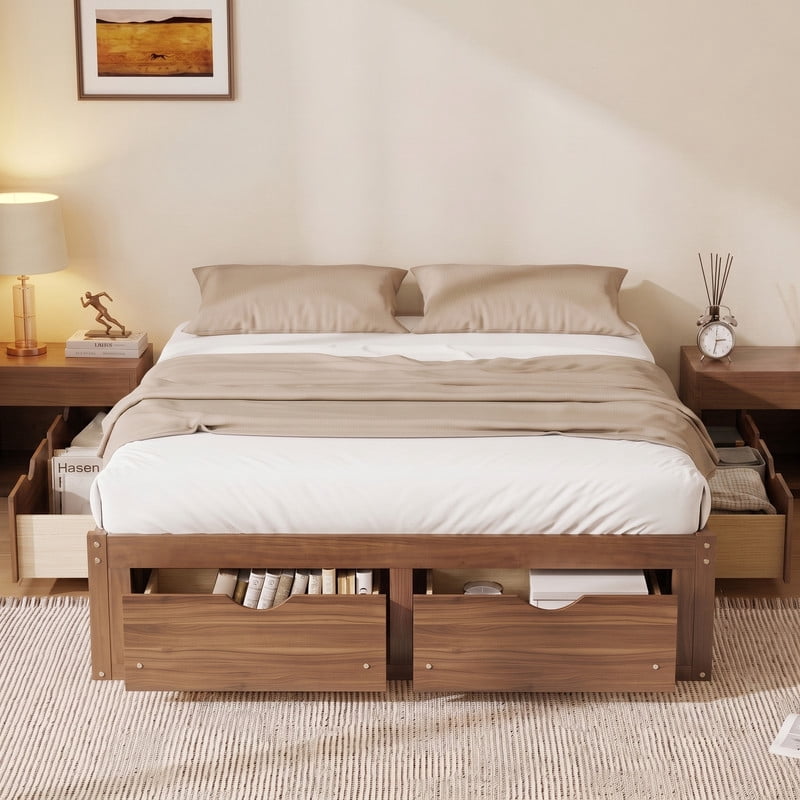 Queen/King Size No Box Spring Required Platform Bed with No Headboard, Wooden Storage Bed Frame with 6 Drawers