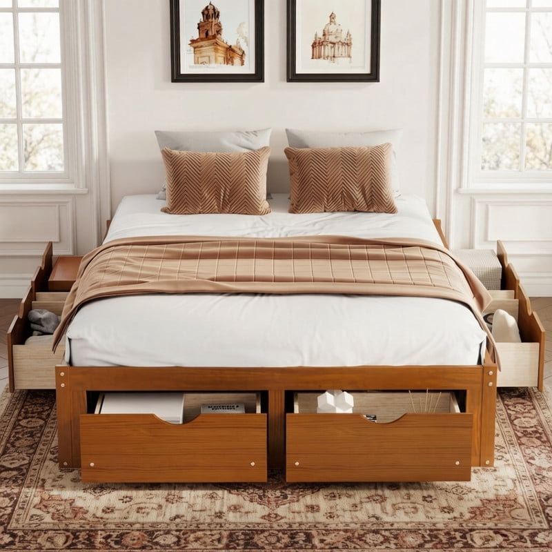 Queen/King Size No Box Spring Required Platform Bed with No Headboard, Wooden Storage Bed Frame with 6 Drawers