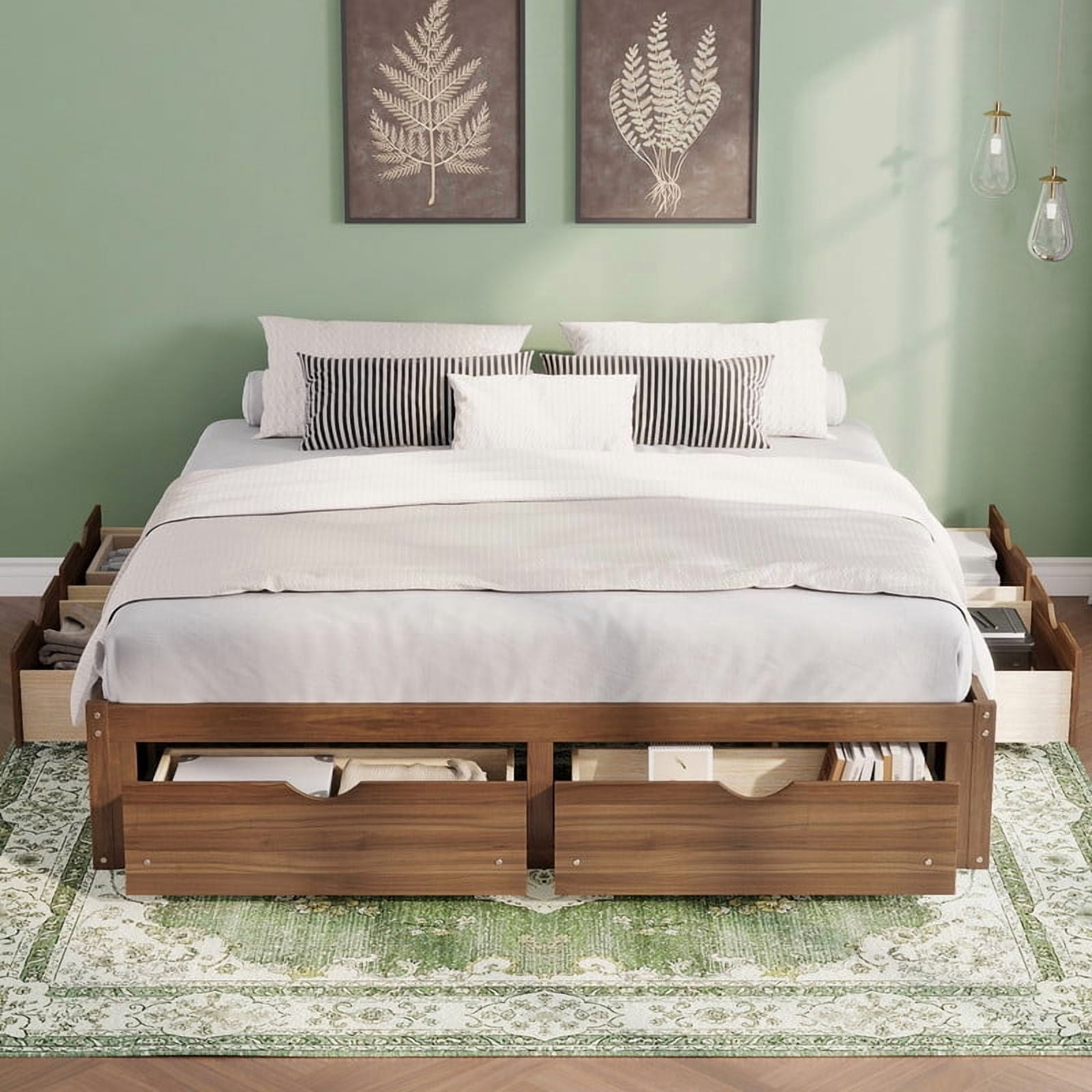 Queen/King Size No Box Spring Required Platform Bed with No Headboard, Wooden Storage Bed Frame with 6 Drawers
