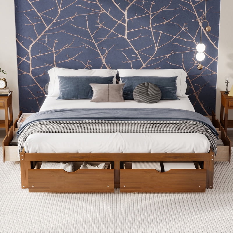 Queen/King Size No Box Spring Required Platform Bed with No Headboard, Wooden Storage Bed Frame with 6 Drawers