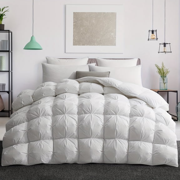 Queen/King Size Pinch Pleat Down Comforter with Duvet Insert - 750+ Fill Power & 1200TC 100% Egyptian Cotton Bedspread Suitable for All Seasons, Luxury Grey Down Comforter with 8 Pleat Tabs (Dry)