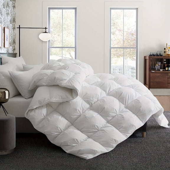 Queen/King Size Pinch Pleat Down Comforter with Duvet Insert - 750+ Fill Power & 1200TC 100% Egyptian Cotton Bedspread Suitable for All Seasons, Luxury Grey Down Comforter with 8 Pleat Tabs (Dry)