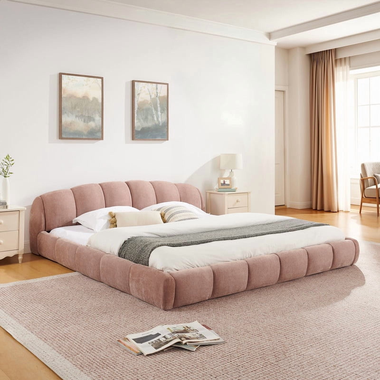 Queen/King Size Upholstered Platform Bed Frame, No Box Spring Required Low Profile Floor Bed with Padded Headboard & Footboard