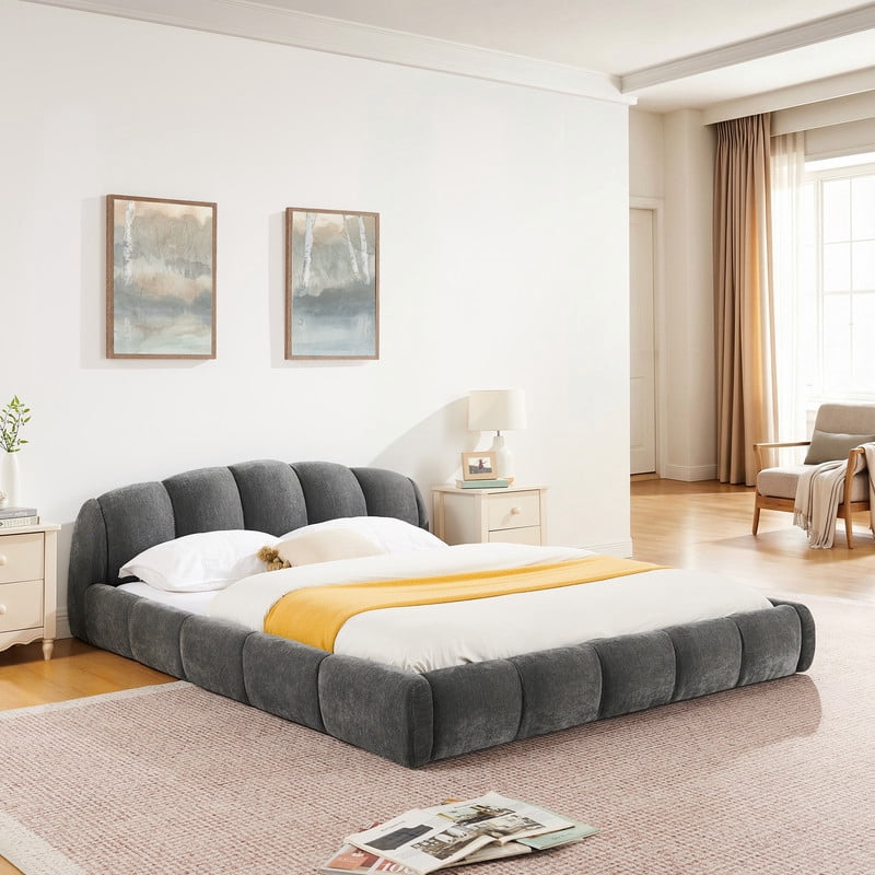 Queen/King Size Upholstered Platform Bed Frame, No Box Spring Required Low Profile Floor Bed with Padded Headboard & Footboard