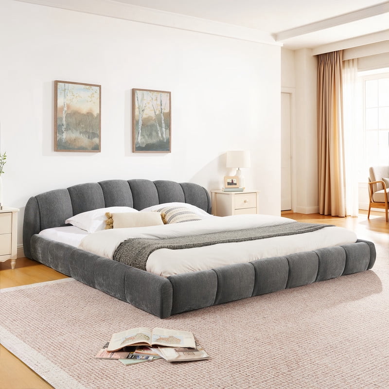Queen/King Size Upholstered Platform Bed Frame, No Box Spring Required Low Profile Floor Bed with Padded Headboard & Footboard