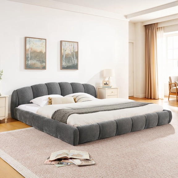 Queen/King Size Upholstered Platform Bed Frame, No Box Spring Required Low Profile Floor Bed with Padded Headboard & Footboard
