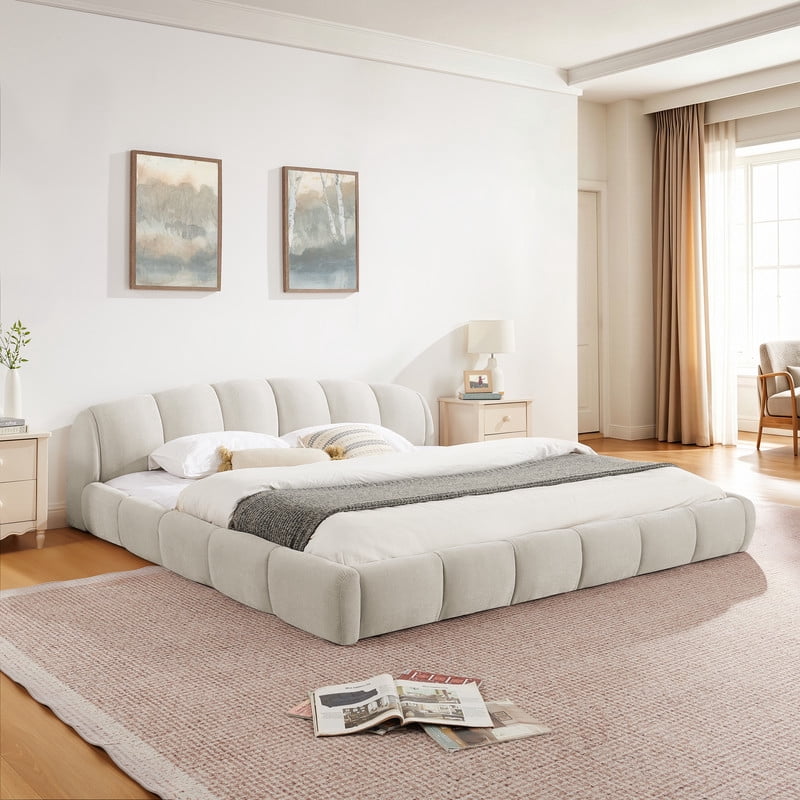 Queen/King Size Upholstered Platform Bed Frame, No Box Spring Required Low Profile Floor Bed with Padded Headboard & Footboard