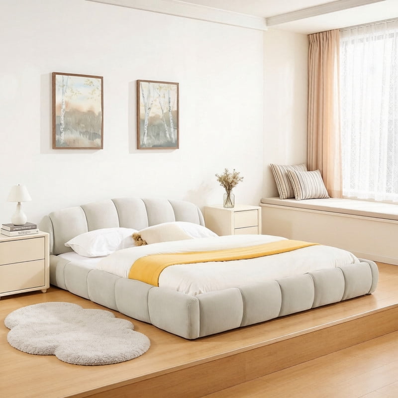Queen/King Size Upholstered Platform Bed Frame, No Box Spring Required Low Profile Floor Bed with Padded Headboard & Footboard