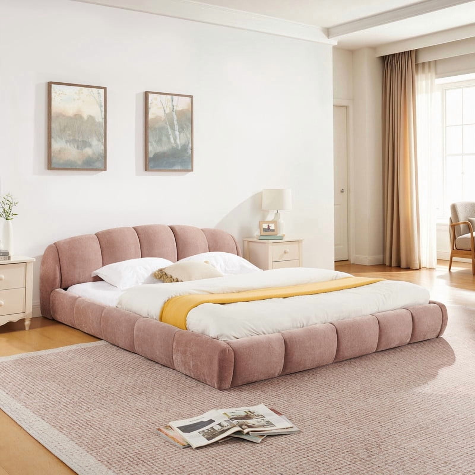Queen/King Size Upholstered Platform Bed Frame, No Box Spring Required Low Profile Floor Bed with Padded Headboard & Footboard
