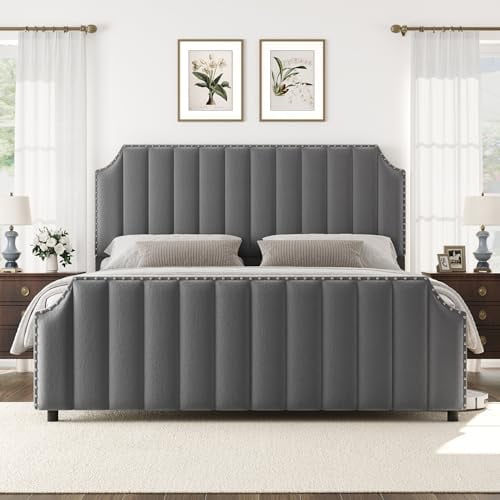Queen/King Vertical Lines Upholstered Bed Frame, Platform Bed with Velvet Headboard and Footboard, Metal Mattress Foundation, No Boxing Spring Needed, Easy Assembly, Light Gray/Beige