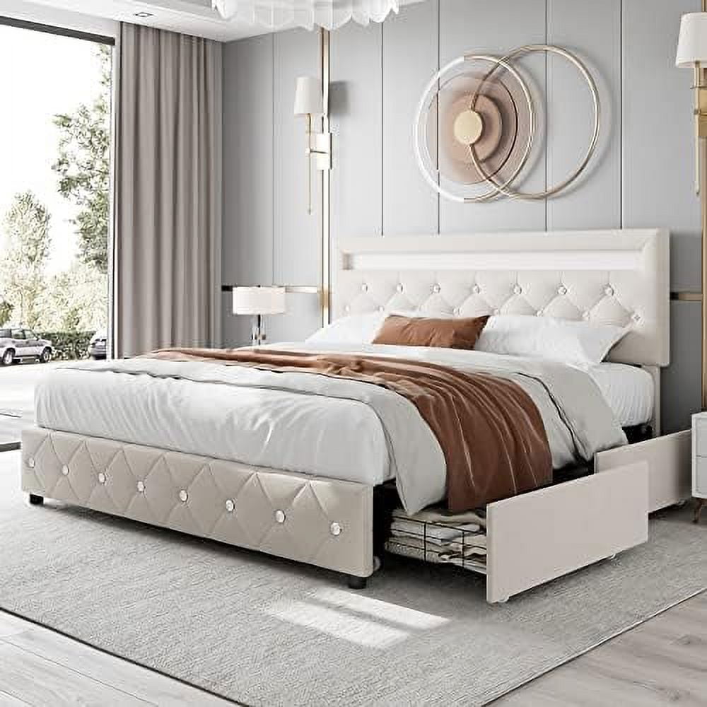 Queen LED Bed with 4 Drawers Upholstered Platform Bed with Height