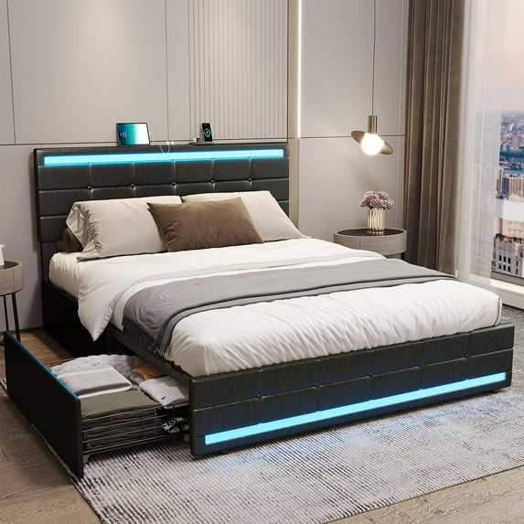 Queen LED Bed Frame with 4 Storage Drawers and USB Charging Station,Leather Upholstered Platform Bed with Adjustable Headboard,No Box Spring Needed, Black
