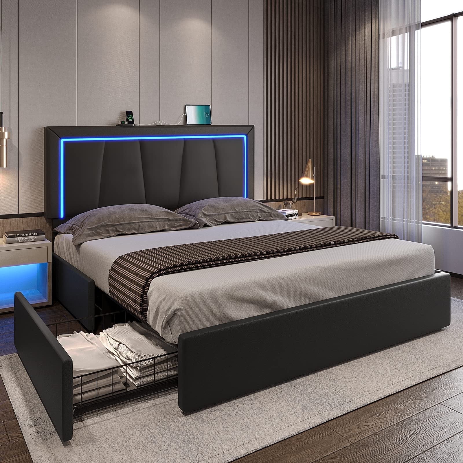 Queen Black Faux Leather LED Bed Frame with Storage Drawers and USB Ports