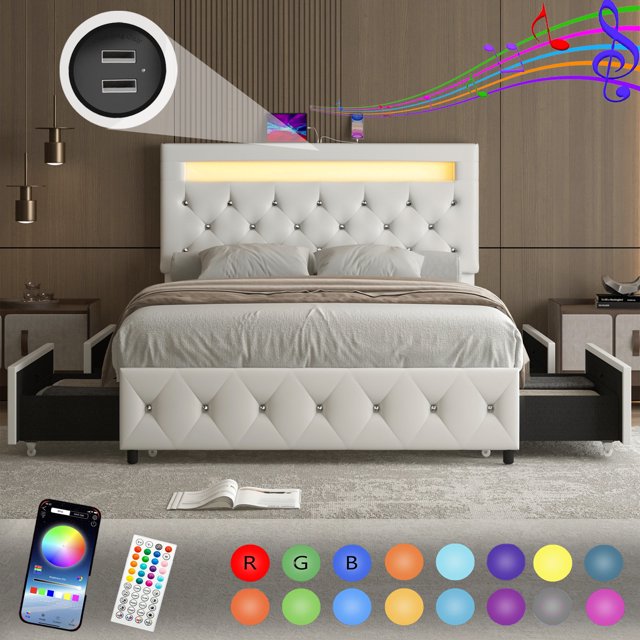 Queen LED Bed Frame with USB Charging & 4 Storage Drawers & Adjustable