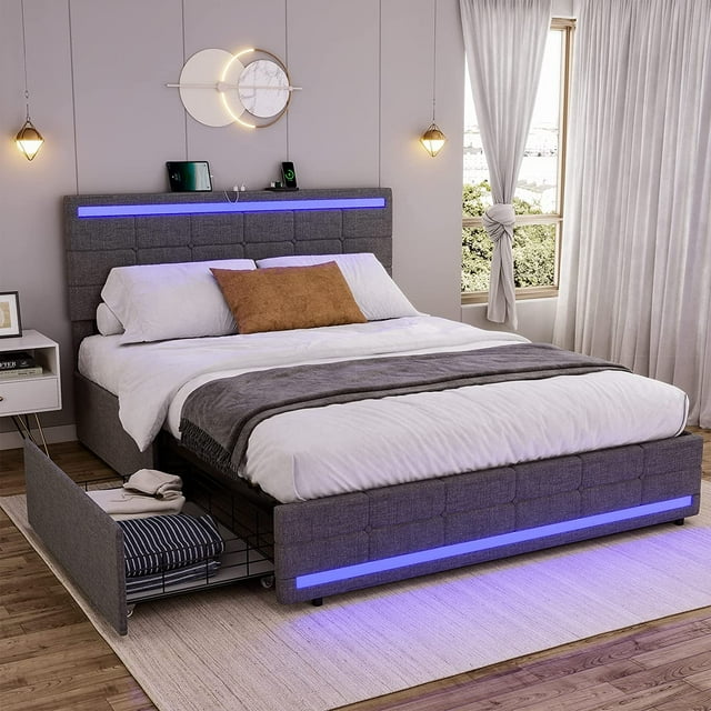 Queen LED Bed Frame with 4 Drawers and USB Charging Station