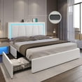 thumbnail image 1 of Queen LED Bed Frame with 4 Storage Drawers and USB Ports and LED Headboard, Faux Leather Upholstered Platform Bed Frame with 3 Side Light Strip,White, 1 of 8
