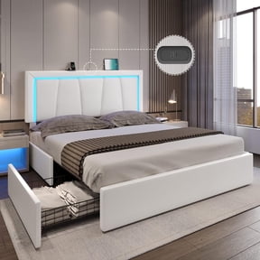 Queen LED Bed Frame with 4 Storage Drawers and USB Ports and LED Headboard, Faux Leather Upholstered Platform Bed Frame with 3 Side Light Strip,White