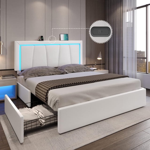 Queen LED Bed Frame with 4 Storage Drawers and USB Ports and LED Headboard, Faux Leather Upholstered Platform Bed Frame with 3 Side Light Strip,White