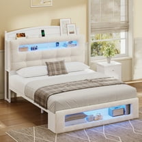Full Size Upholstered Platform Bed Frame with LED Lighting, Storage Headboard and Footboard, No Box Spring Needed, White