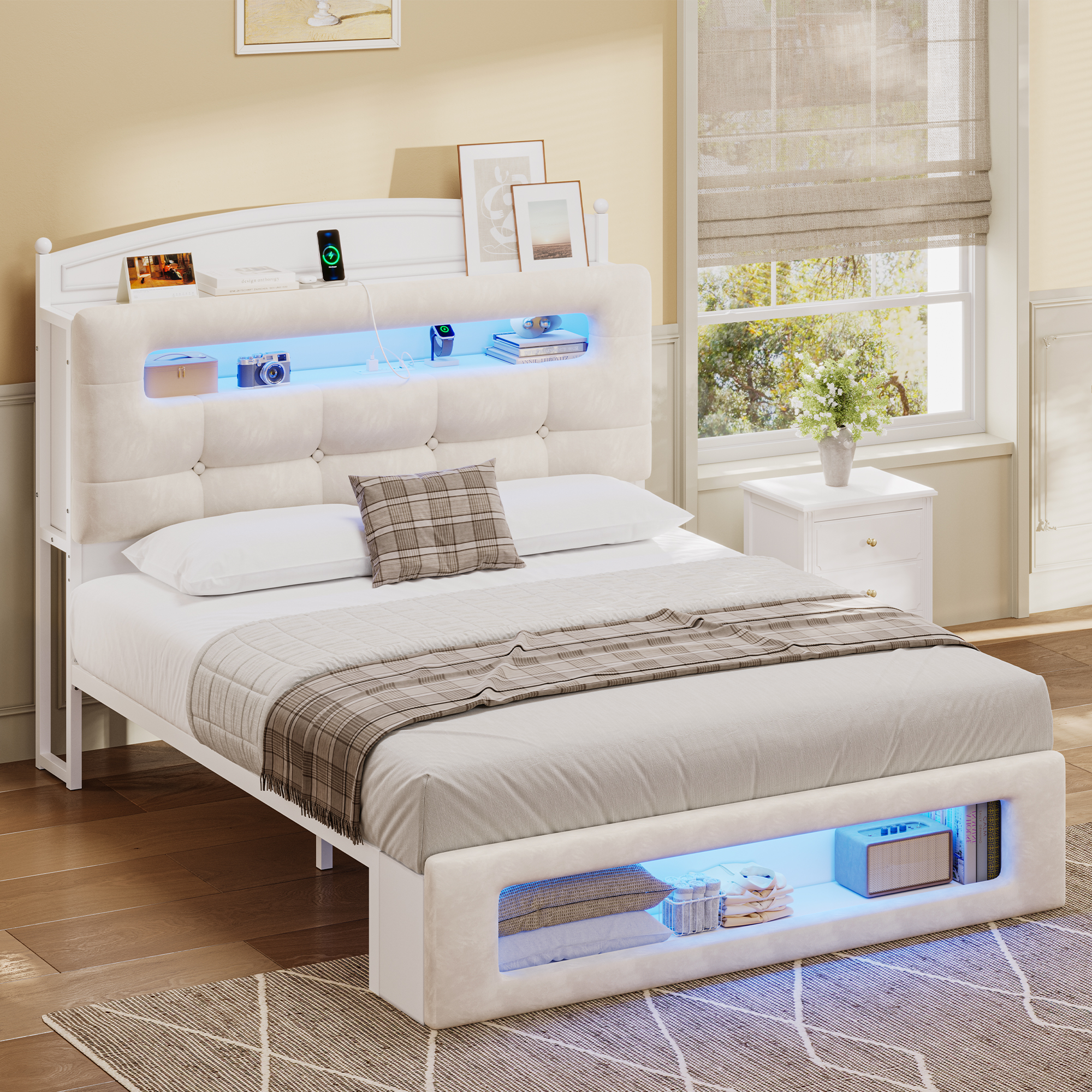E-Motie Full/Queen Size Metal Bed Frame With LED Lights, Charging Station & Storage Headboard