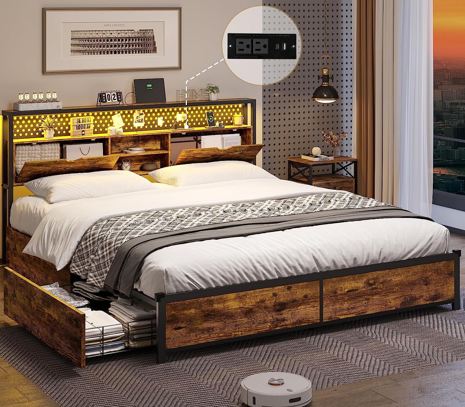 IRONCK Full Size Bed Frame with Drawers, Ergonomic Storage Headboard with  Charging Station, LED Ligh…See more IRONCK Full Size Bed Frame with  Drawers