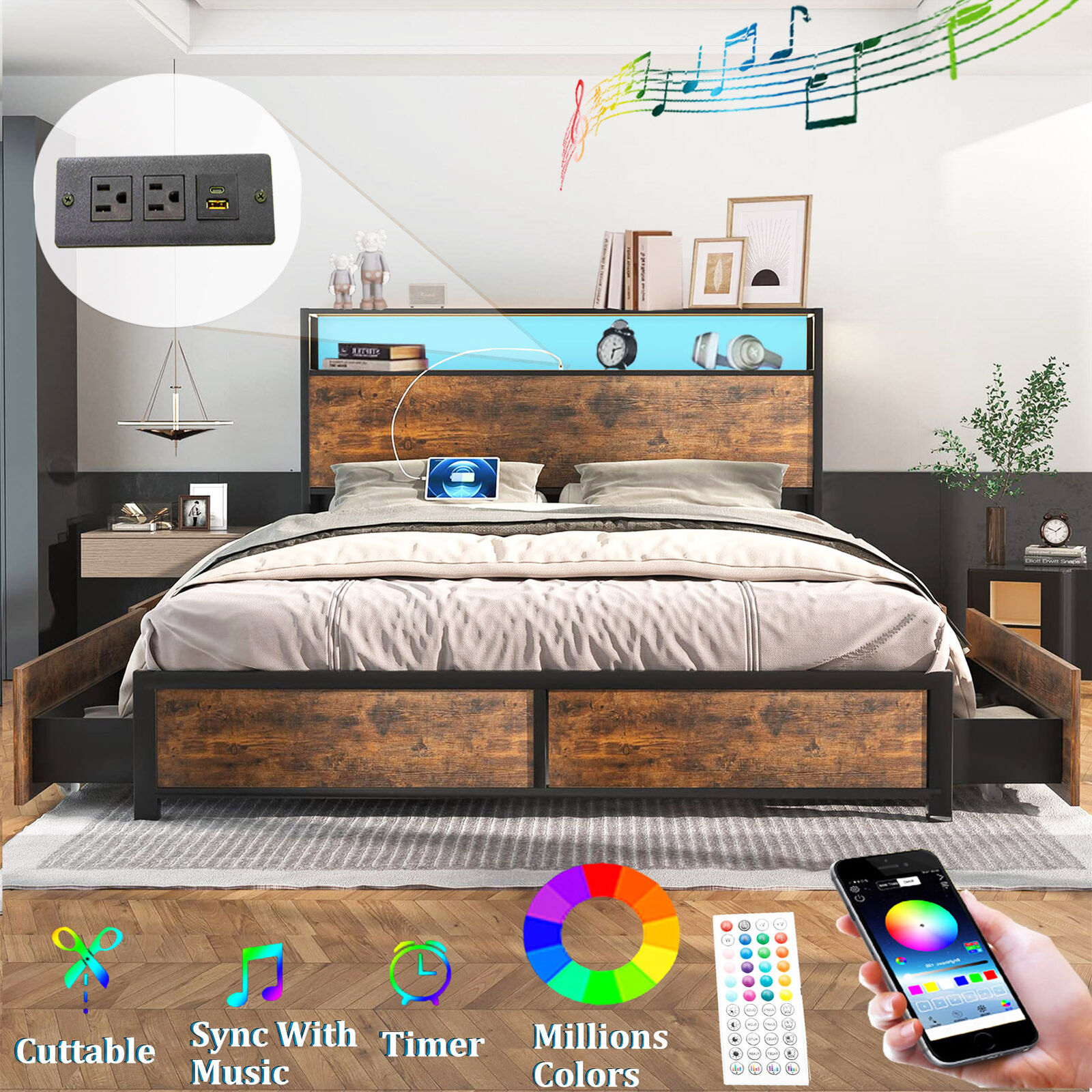 Queen LED Bed Frame with Power Charging Station and USB Ports, Metal Platform Bed with Storage Headboard & 4 Drawers(Brown-Queen) - image 1 of 9