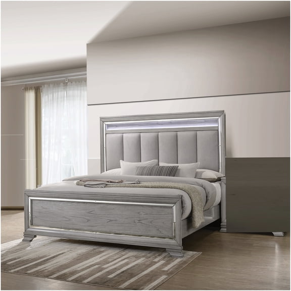 Queen LED Bed Frame with Upholstered Headboard, Light Gray Platform Bed with Silver Mirror Accents and Footboard, No Box Spring Needed