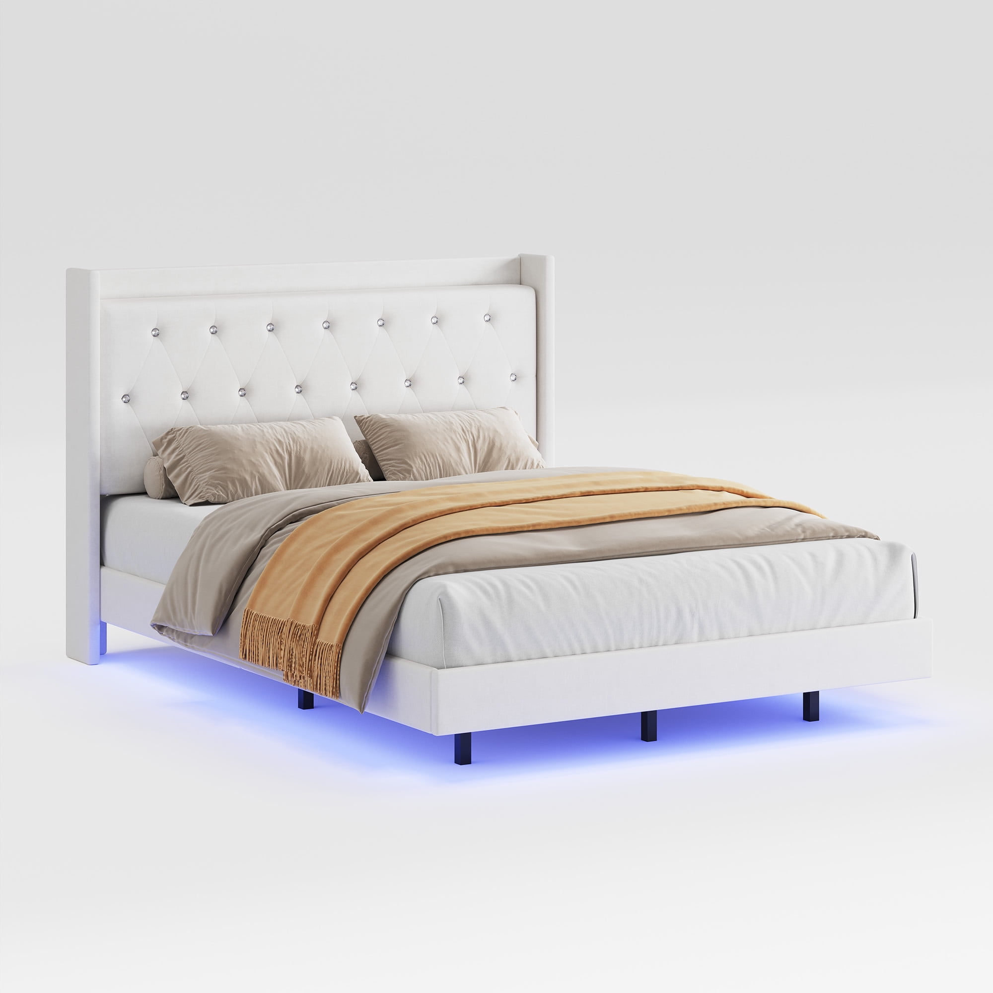 Queen LED Storage Bed Frame - Upholstered Headboard, No Box Spring, Quiet Design
