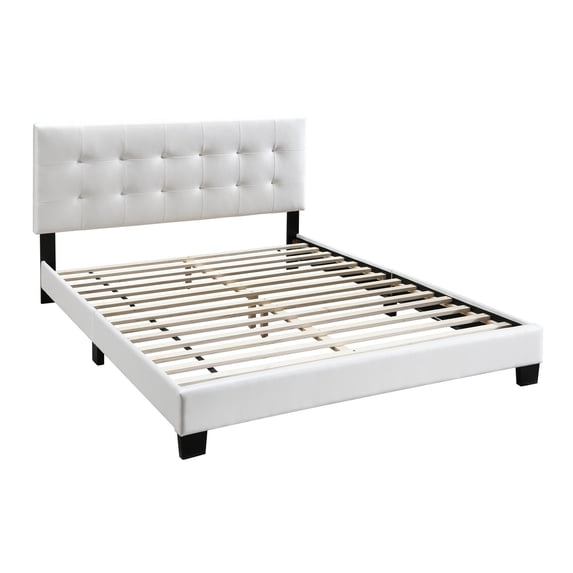 Queen Leatherette Bed with Checkered Tufted Headboard White- Saltoro Sherpi