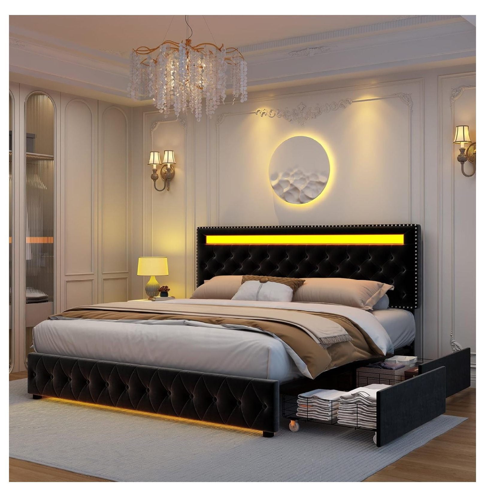 Queen Led Bed Frame with 4 Storage Drawers, with Smart Control RGBW LED
