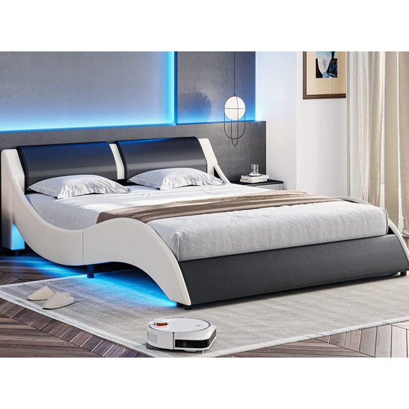Queen Led Bed Frame with RGB Led Lights&Headboard,Modern Low Profile Faux Leather Upholstered Platform Bed Frame,No Box Spring Needed,Black+White