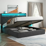 Queen Lift Up Bed Frame with Charging Station & LED Lights, Upholstered Bed with Button Tufted Wingback Storage Headboard, Hydraulic Storage, No Box Spring Needed, Wood Slats Support