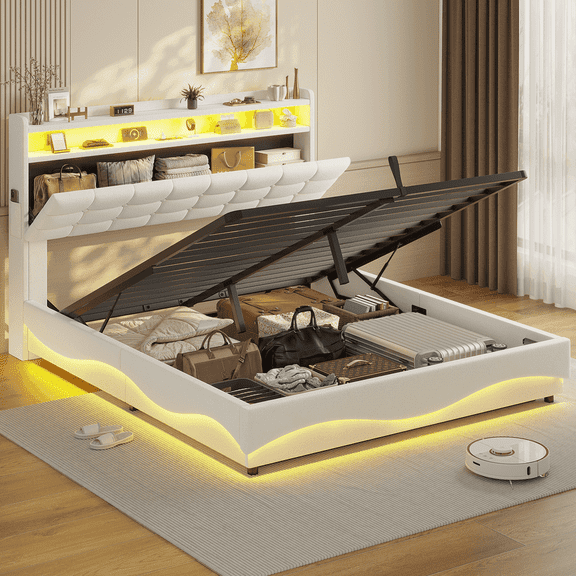 Queen Lift Up Storage Bed Frame with LED Lights and Charging Station, Upholstered Platform Bed with Hidden Storage Headboard, LED Bed with Hydraulic Storage, No Box Spring Needed, White