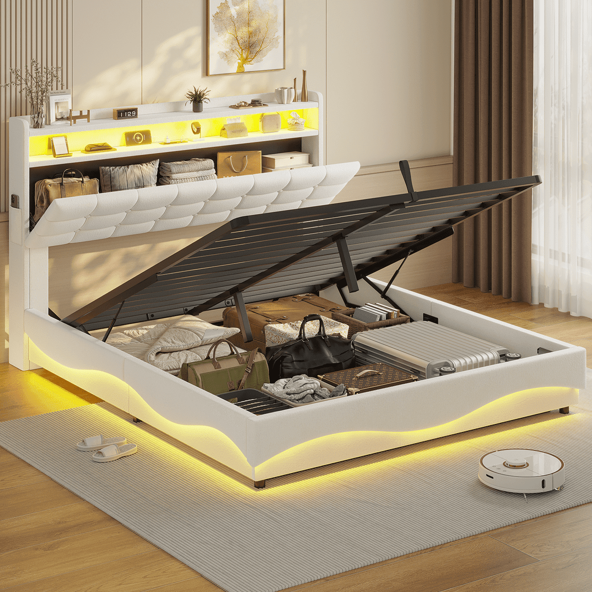 Queen Lift Up Storage Bed Frame with LED Lights and Charging Station ...