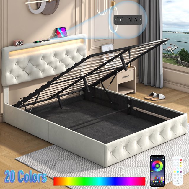 Queen Lift Up Storage Bed with LED Light & Power Station & Large Under