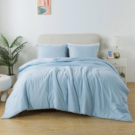 Queen Light Blue Comforter Set Solid Lightweight Skin-Friendly Boho Bedding Set and Collections Breathable Fluffy Microfiber 3 PCS 90"x90" Comforter Set for All Seasons with Pillowcases